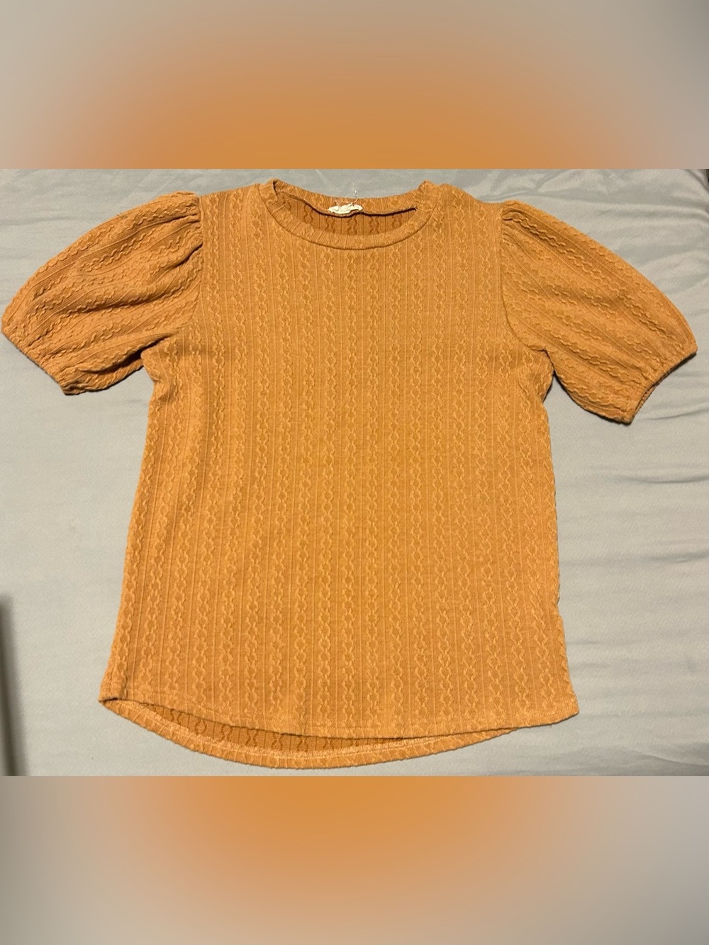 Roolee Mustard Cable Knit Puff-Sleeve Crewneck Sweater- size m